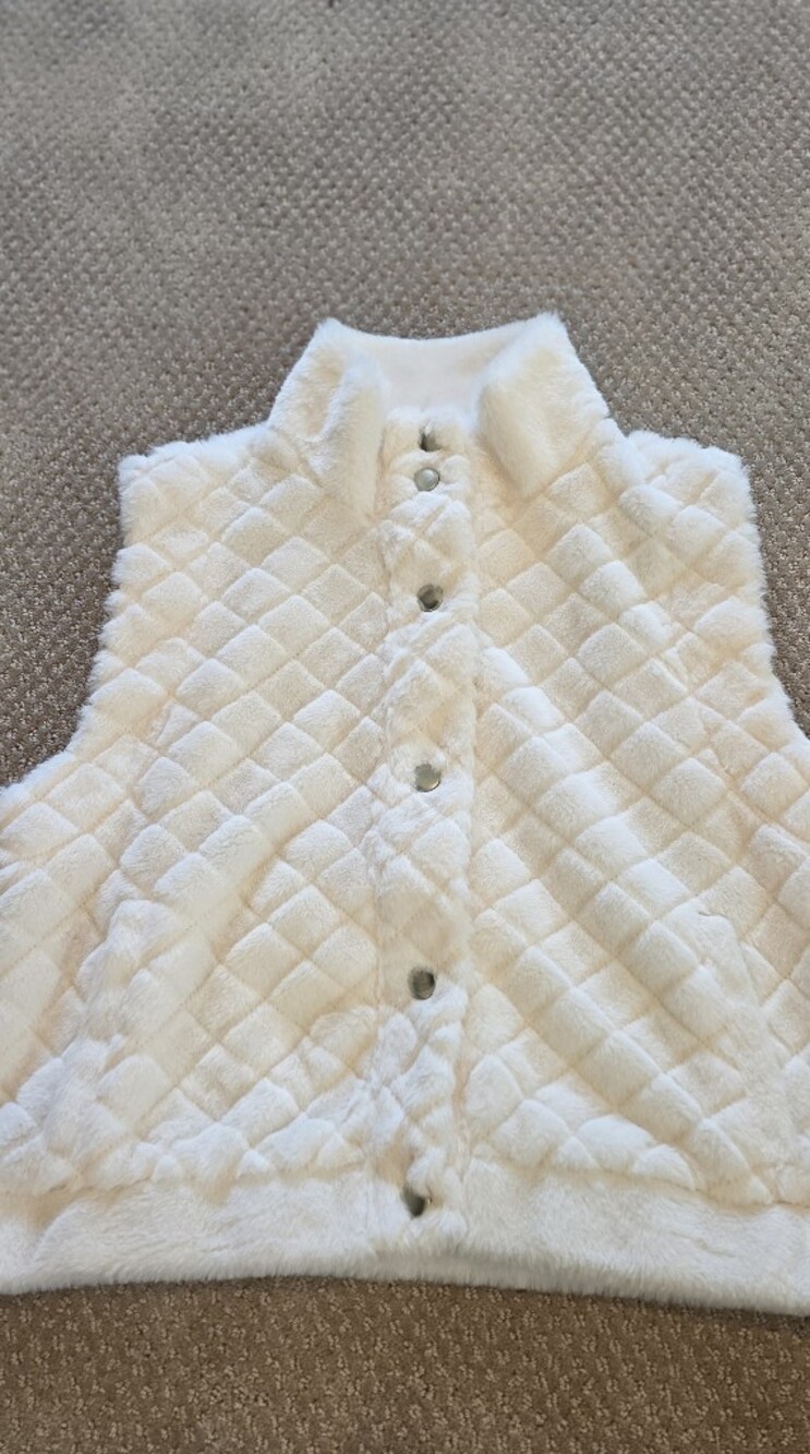 Cream Quilted Faux-Fur Coat with Snap Front